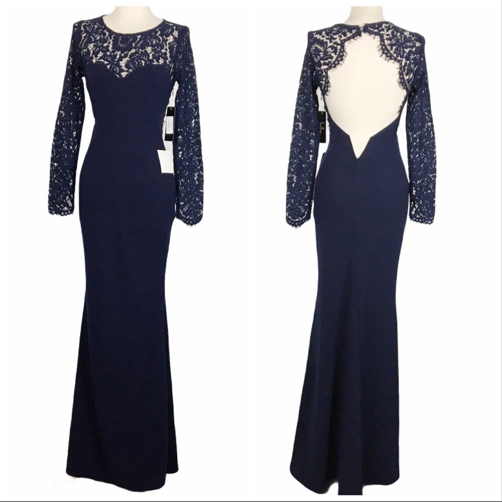 LULU’S Whenever You Call Navy Blue Lace Maxi Dress